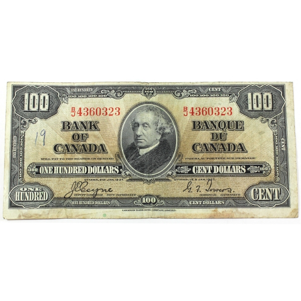 BC-27c 1937 $100 VF-EF Coyne-Towers SN: B/J4360323