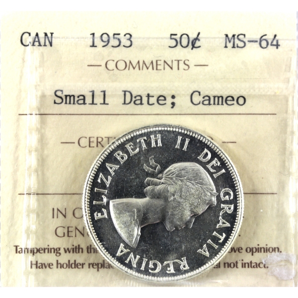 50-cent 1953 Small Date ICCS MS64 Cameo