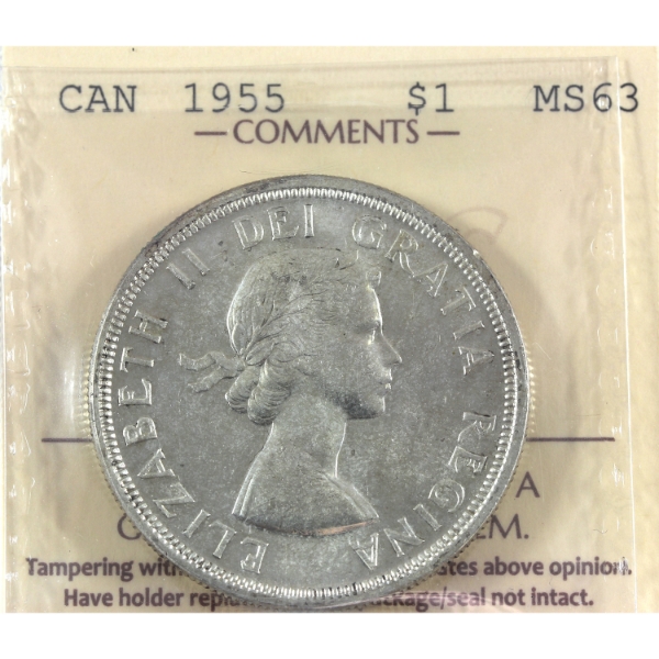 Silver $1 1955 Arnprior Without Die Break ICCS MS63