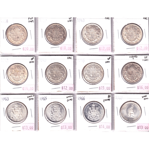Lot of 12x 50-cent 1938-1967 Circ to BU in Plastic Page. 12pcs