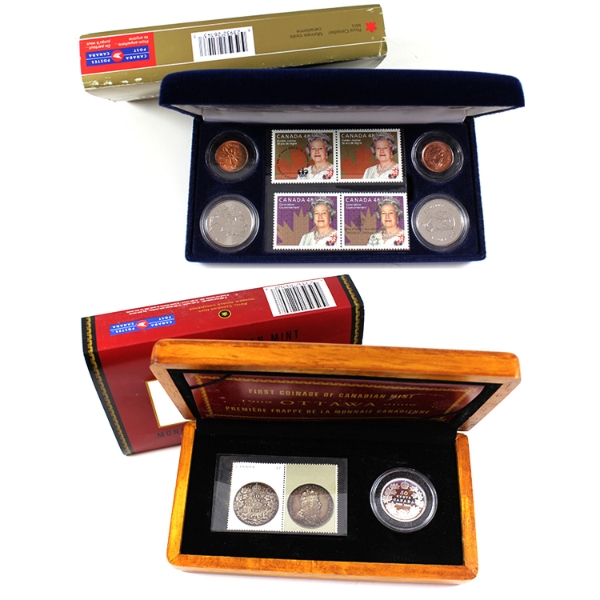 2003 Queen Elizabeth II Coronation & 2008 RCM 100th Anniversary Coin & Stamp Sets. 2 Sets