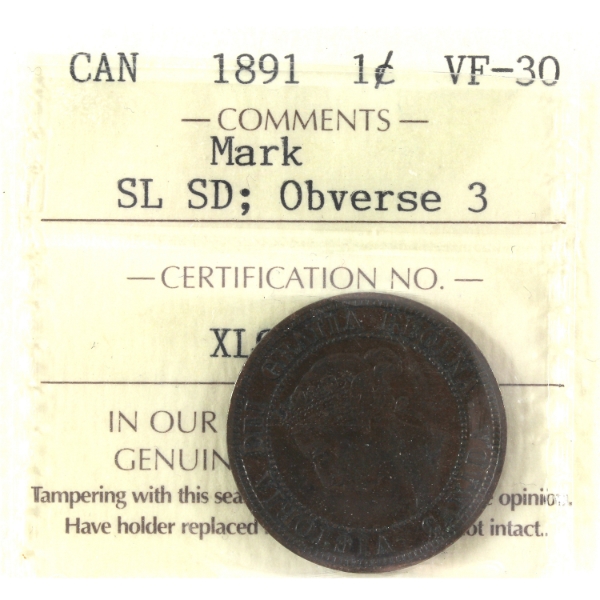 1-cent 1891 SL SD; Obverse 3 ICCS VF30