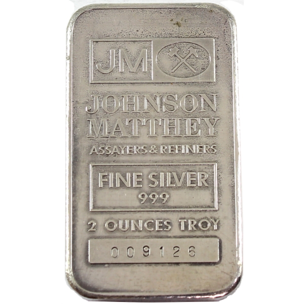 2oz Johnson Matthey Vintage .999 Silver Bar, SN: 009126. Mintage of <10000 (Tax Exempt)