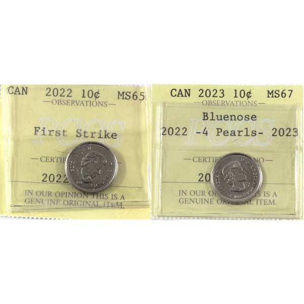 10-cent 2022 & 2023 PCGS MS65 to MS67. 2pcs.
