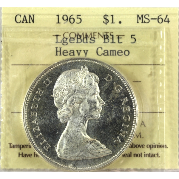 Silver $1 1965 LgeBds Blt 5 ICCS MS64 HC