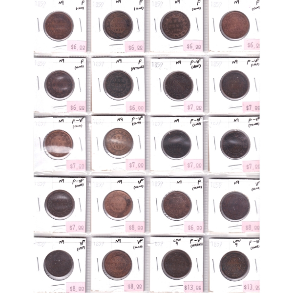 1-cent 1859 N9 & Low 9 Bulk Collection in 20-Pocket Sheet F to VF. 20pcs. 