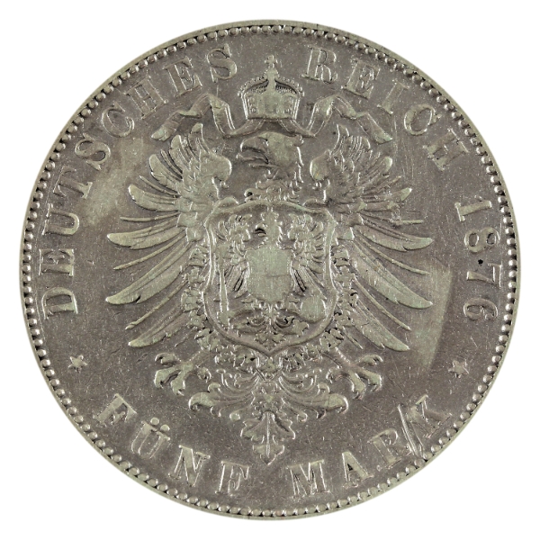 German States - Saxony Silver 1876E 5 Mark VF-EF (Cleaned)