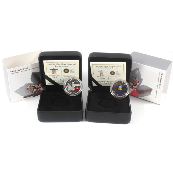 2008 & 2010 Olympic $1 Sterling Silver Lucky Loonie. 2pcs