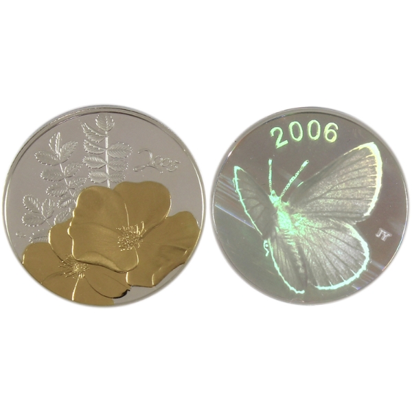 2005 Golden Rose & 2006 Butterfly 50-cent 9.3g Sterling Silver Coins. 2pcs