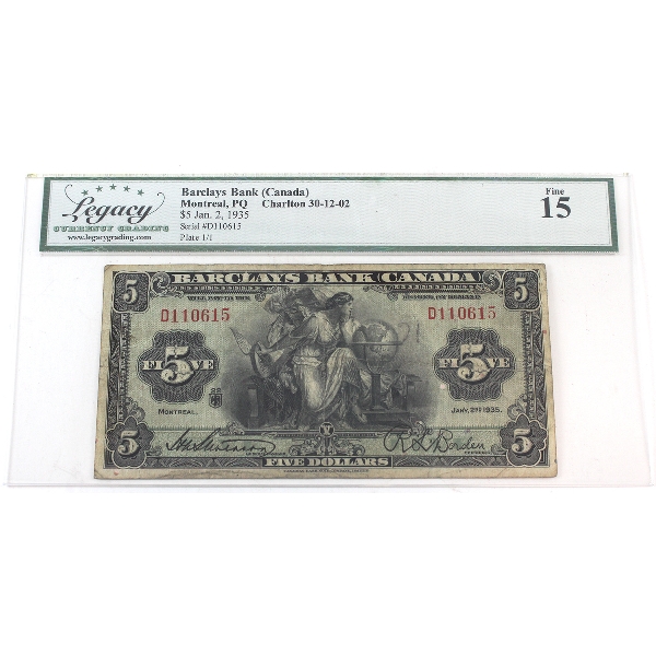 30-12-02 1935 $5 Barclays Bank Legacy F15 SN: D110615