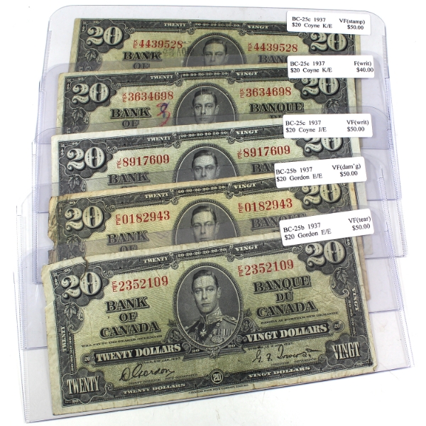 5x BC-25b & BC-25c 1937 $20 F to VF Gordon-Towers & Coyne-Towers. 5pcs.