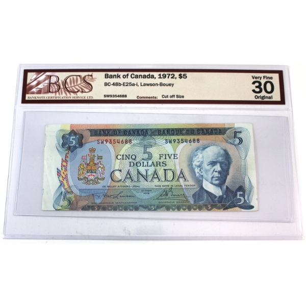 ERROR BC-48b-E25a-i 1972 $5 Cut Off Size Error BCS VF30 Original Lawson-Bouey SN: SW9354688