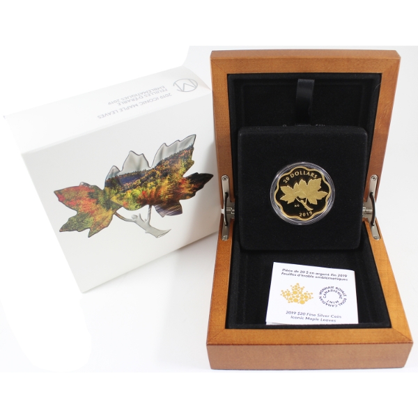 2019 $20 Iconic Maple Leaves .9999 Fine Silver Gold Plated Coin (Tax Exempt)