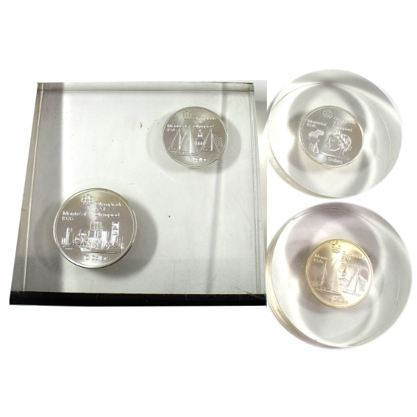 1976 $5 & $10 Montreal Olympics 4 Sterling Silver Coins in Lucite Acrylic Displays. 3pcs