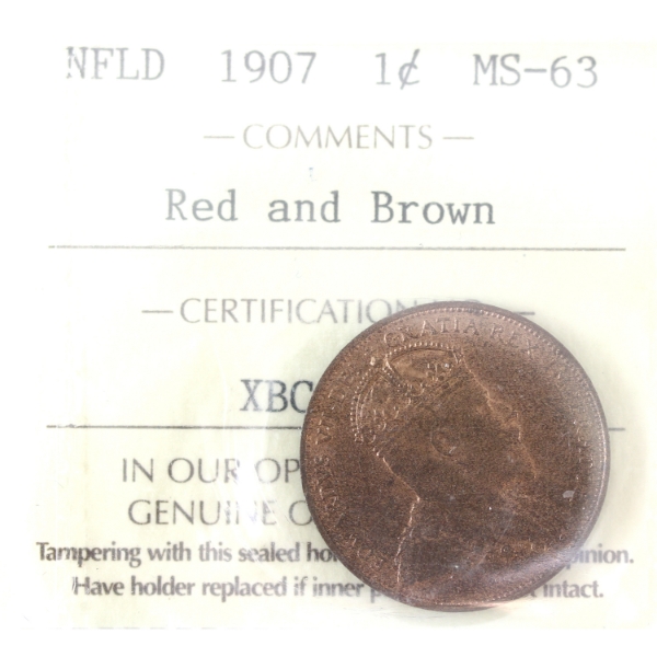 Newfoundland 1-cent 1907 ICCS MS63 Red & Brown 