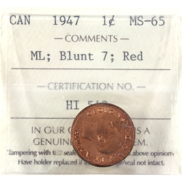 1-cent 1947 Maple Leaf Blunt 7 ICCS MS65 Red