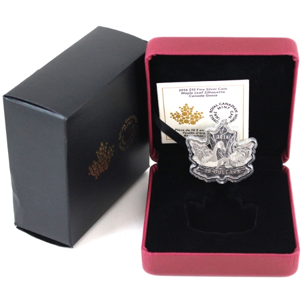 2016 $10 Canada Geese Maple Leaf Shaped Silhouette Fine Silver Coin (Tax Exempt)