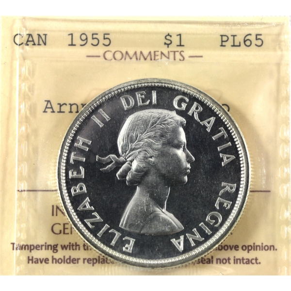 Silver $1 1955 Arnprior; No Die Break ICCS PL65 Cameo
