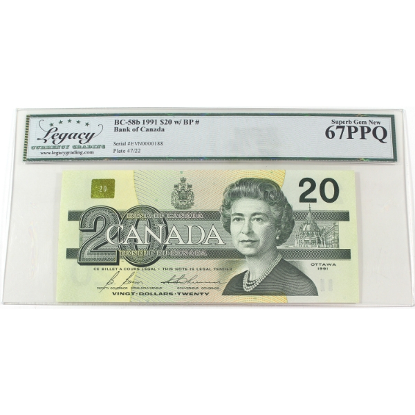 BC-58b 1991 $20 Low Serial # Legacy Superb GEM UNC67 PPQ Bonin-Thiessen w/ BP# SN: EVN0000188