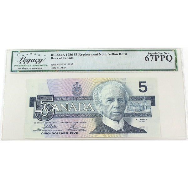 BC-56aA 1986 $5 ENX Replacement Yellow BP# Legacy Superb GEM UNC67 PPQ Crow-Bouey SN: ENX1937892