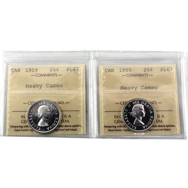 25-cent 1959 & 1960 ICCS PL67 Heavy Cameo. 2pcs.