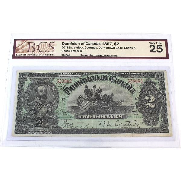DC-14b 1897 $2 Dark Brown Back, Series A, BCS VF25 Various-Courtney, Check Letter C SN: 523062 