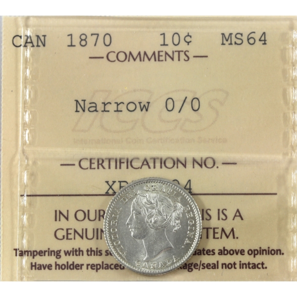 10-cent 1870 Narrow 0, 0/0 ICCS MS64