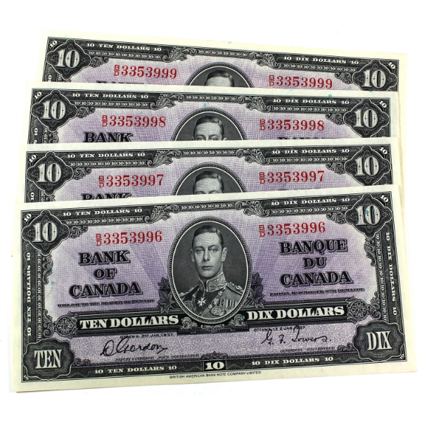 BC-24b 1937 $10 Consecutive UNC or better, Gordon-Towers SN: B/D3353996 to 999. 4pcs
