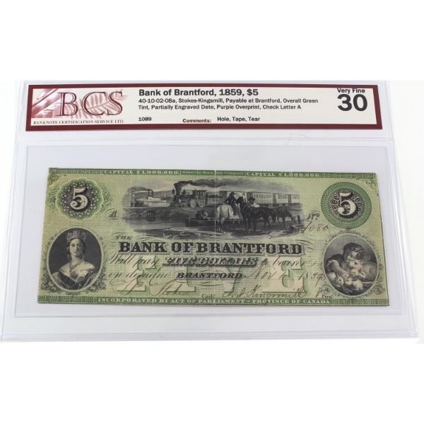40-10-02-08a 1859 $5 The Bank of Brantford BCS VF30 Stokes-Kingsmill SN: 1089 Check Letter A