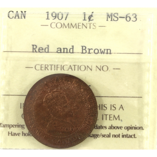 1-cent 1907 ICCS MS63 Red & Brown