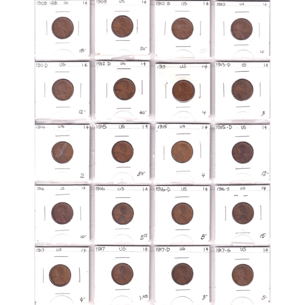 Bulk Lot of USA 1909-1952 Cents in 3x 20-Pocket Sheets, Rarer Dates & Variety of Mint Marks. 49pcs.