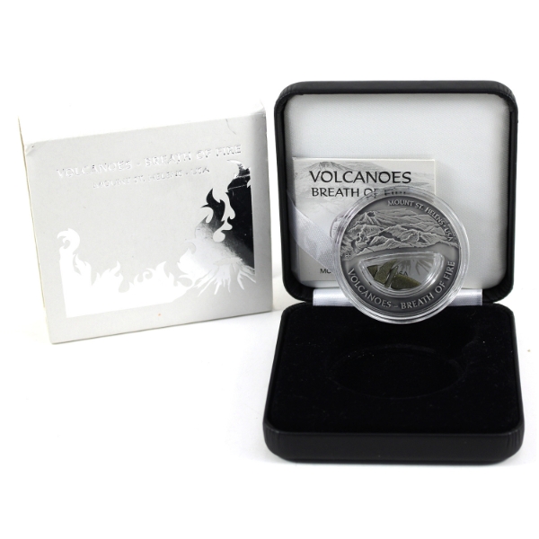 Fiji Silver 2013 $10 Breath of Fire-Mount St. Helens Volcano USA Fine Silver Proof w/Obsidian Gold 