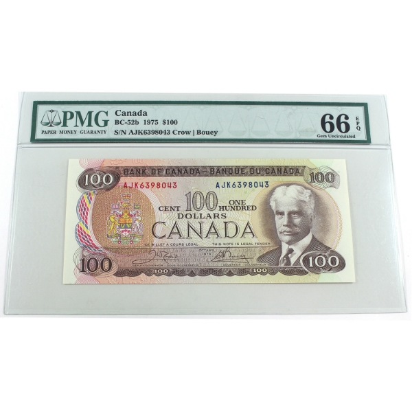 BC-52b 1975 $100 PMG GEM UNC66 EPQ Crow-Bouey SN:AJK6398043