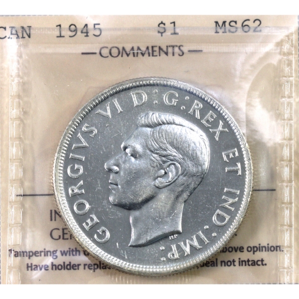 Silver $1 1945 ICCS MS62