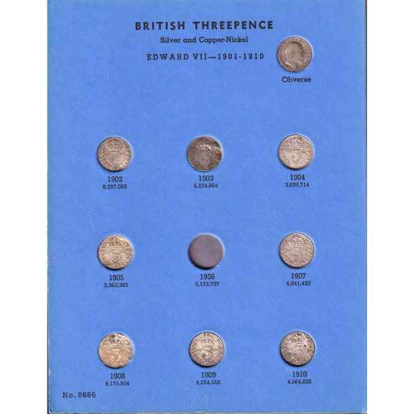 Great Britain 1902-1944 Threepence Silver Collection in Blue Whitman Album. 40pcs.
