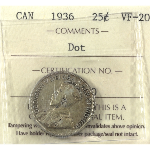 25-cent 1936 Dot ICCS VF20