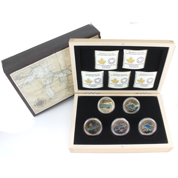 2014-2015 $20 Great Lakes 5-coin Set .9999 Fine Silver with Selective Colouring (Tax Exempt)