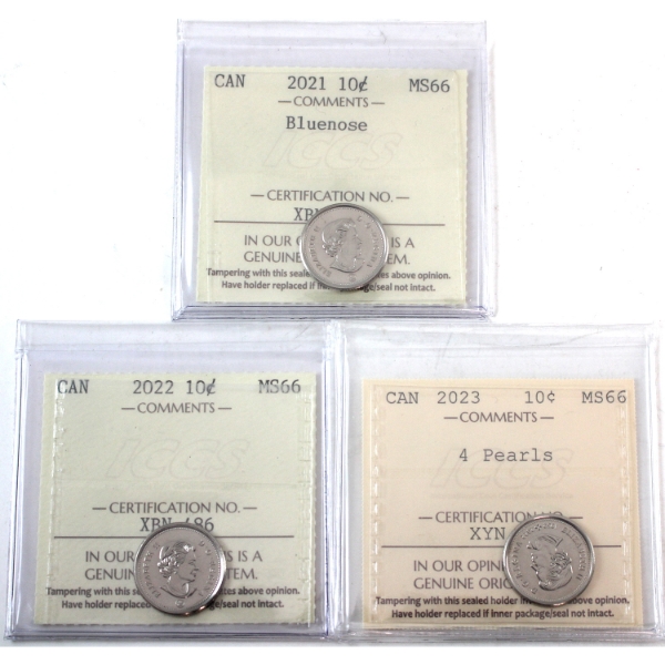10-cent 2021, 2022 & 2023 4 Pearls ICCS MS66. 3pcs. 