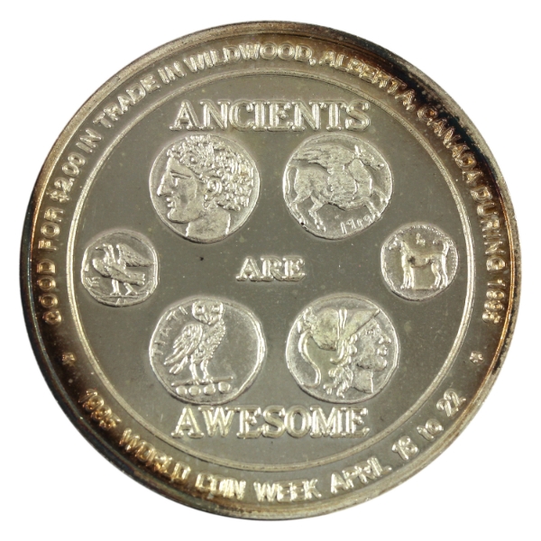Canada-Wildwood AB 1995 $2 Coin Week - Ancients Are Awesome/Elk Trade Dollar 2oz-Silver, 38mm