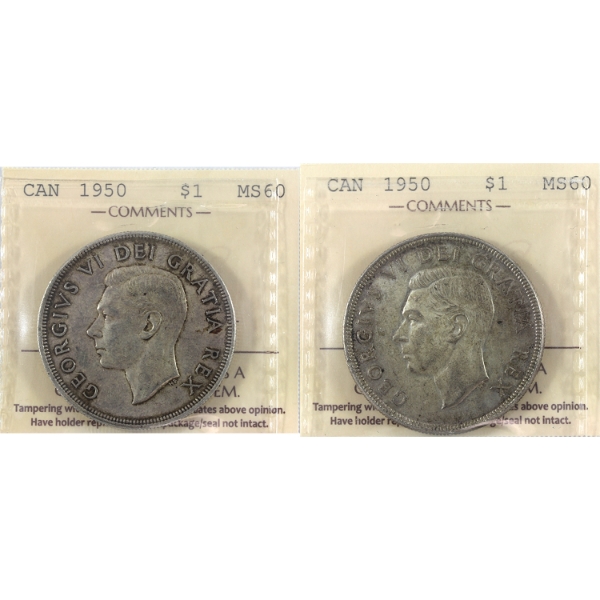 Silver $1 2x 1950 SWL & Arnprior ICCS MS60. 2pcs