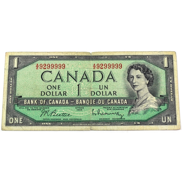 BC-37b-i 1954 $1 Circ. Beattie-Rasminsky Neat Number SN: A/Z9299999