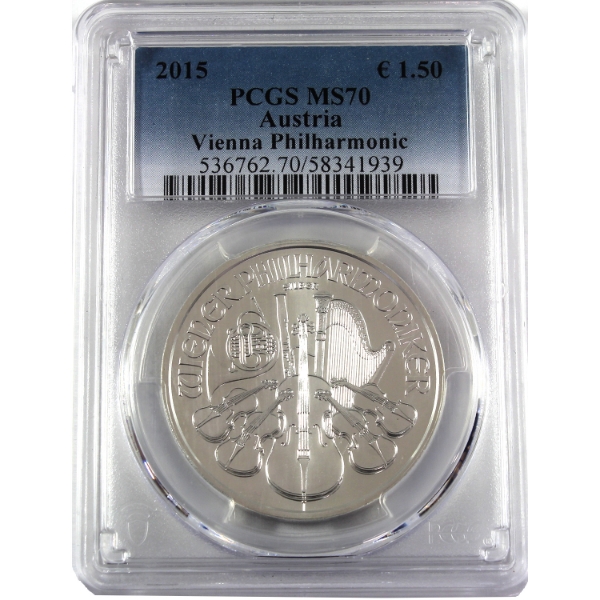 1oz Austria 2015 1.5 Euros Philharmonic .999 Fine Silver Round PCGS MS70 (Tax Exempt)