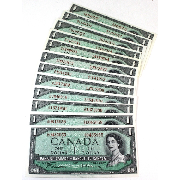Group Lot of 12x BC-37b 1954 $1 w/ all Different Prefixes UNC or Better Beattie-Rasminsky. 12pcs. 