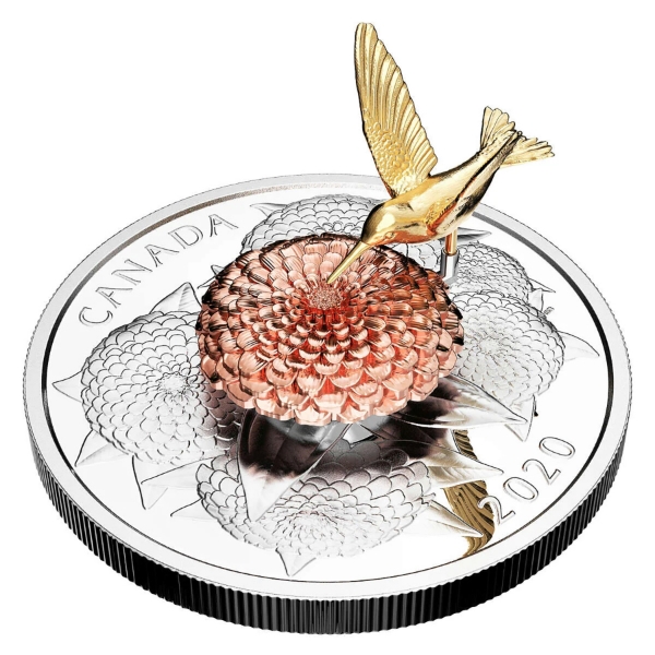 2020 $50 The Hummingbird and the Bloom Fine Silver Sculpture Coin w/ Selective Gold Plating