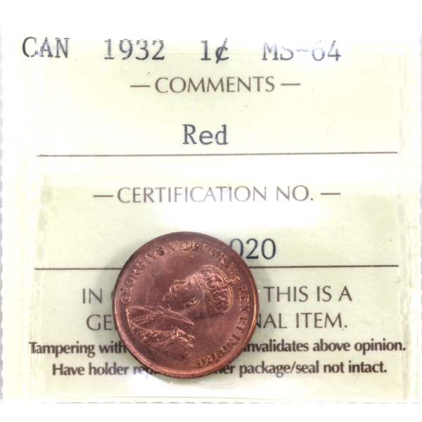 1-cent 1932 ICCS MS64 Red