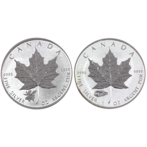 2x 1oz 2016 & 2017 $5 Silver Maple Leaf .9999 Fine Silver Coins w/ Privy Marks. 2pcs. (Tax Exempt)