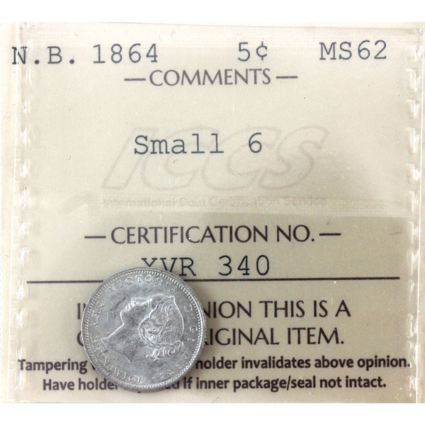 New Brunswick 5-cent 1864 Small 6 ICCS MS62 *Scarce!*