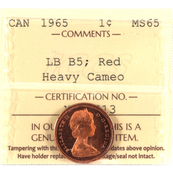 1-cent 1965 Large Beads Blunt 5 ICCS MS65 Red Heavy Cameo