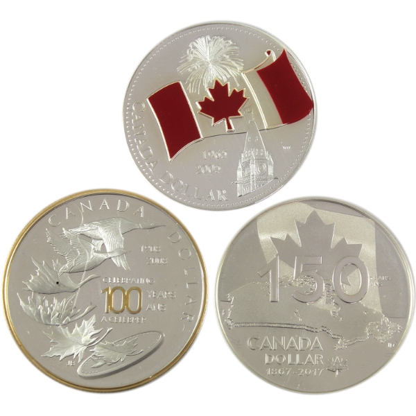 Group Lot of 2005-2017 $1 Canadian Anniversary .9999 Fine Silver Coins. 3pcs. (Tax Exempt)