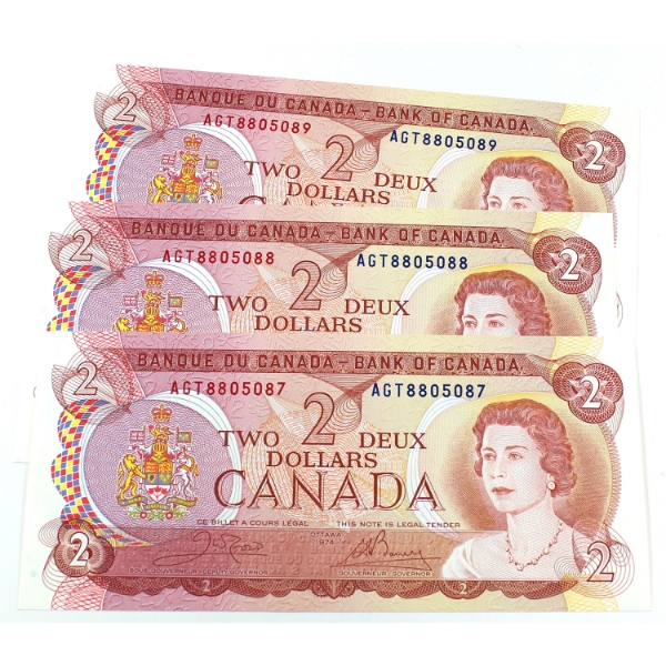 RADAR BC-47b 1974 $2 3xConsecutive Crow-Bouey SN:AGT8805087-"89. 3pcs.